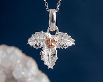Personalised December Holly Birth Flower Pendant Necklace In Sterling Silver And Gold