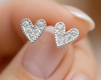 Sterling Silver Cubic Zirconia Heart Stud Earrings