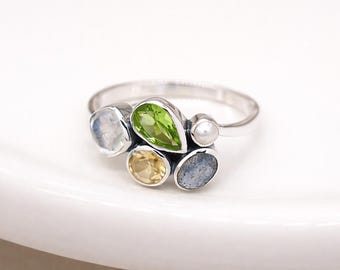 Sterling Silver Faceted Gemstone Cluster Ring