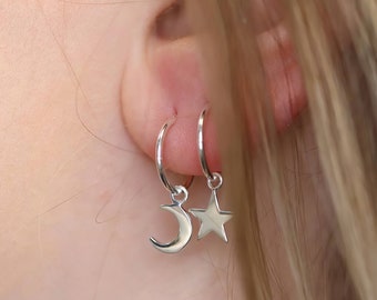 Sterling Silver Mismatched Moon And Star Hoop Earrings