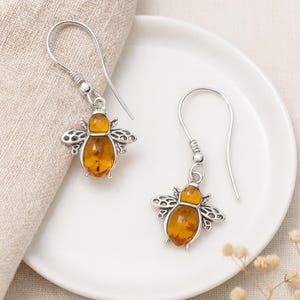 Sterling Silver Baltic Amber Bee Earrings