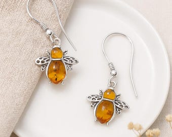 Sterling Silver Baltic Amber Bee Earrings
