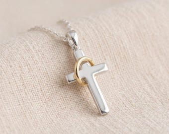 Personalised Halo Cross Pendant Necklace in Sterling Silver and Gold