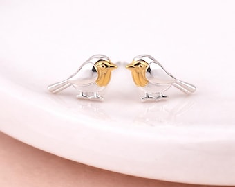 Gold Plated Sterling Silver Robin Stud Earrings – 10mm X 7mm