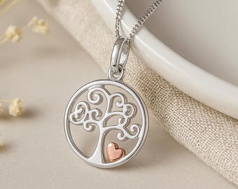 Personalised Sterling Silver and Rose Gold Tree of Life Heart Necklace
