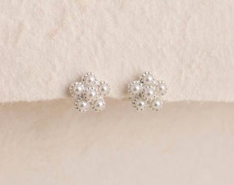 Freshwater Pearl Daisy Cluster Stud Earrings In Sterling Silver