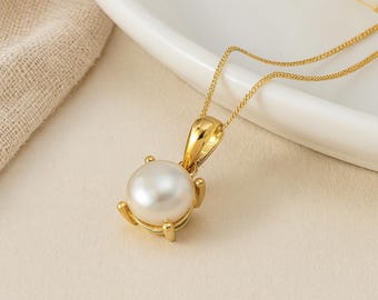 Pearl Drop Pendant • Natural June Birthstone • Personalised 9ct Yellow Gold Dainty Gemstone Necklace Charm • Birthday Gift for Her