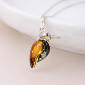 Personalised Sterling Silver Baltic Amber Kingfisher Pendant Necklace