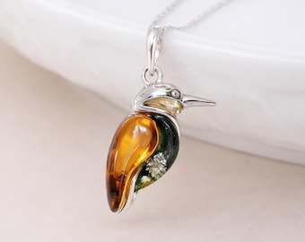 Personalised Sterling Silver Baltic Amber Kingfisher Pendant Necklace