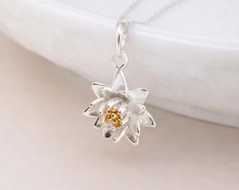 Personalised Sterling Silver Water Lily July Birth Flower Pendant Necklace