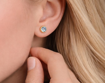 Gold Plated Sterling Silver March Aquamarine Birthstone Stud Earrings – 7mm