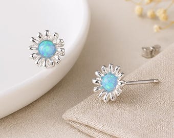Sterling Silver Blue Opal Daisy Stud Earrings