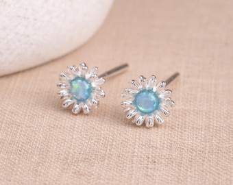 Sterling Silver Blue Opal Daisy Stud Earrings – 6mm