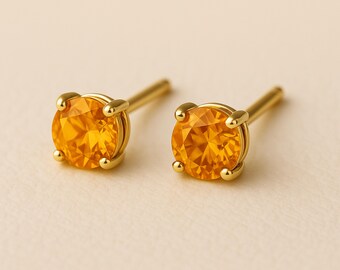 Solid 9ct Gold November Citrine Birthstone Stud Earrings