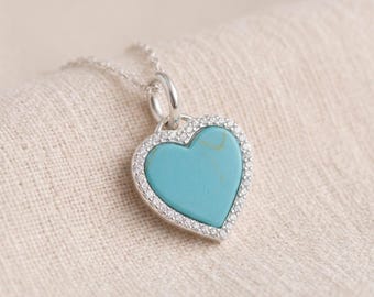 Personalised Heart Pendant Necklace in Sterling Silver with Turquoise