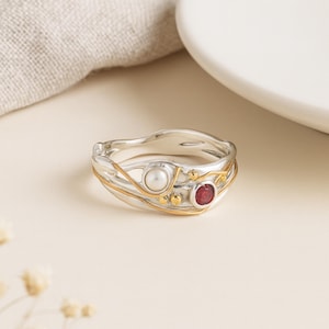 Molten Ruby Pearl Ring: Sterling Silver, 14k Gold & Brass