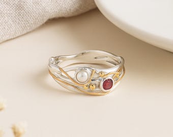 Molten Ruby and Pearl Ring • Organic Sterling Silver Ring with 14kt Gold & Brass • Birthstone Ring • Handmade Gift for Her •