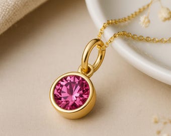 Pink Tourmaline Birthstone Pendant • October Charm Necklace in Gold • Dainty Cubic Zirconia Gift • Personalised Birth Month Jewellery