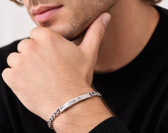 Personalised Mens Silver Stainless Steel Curb Chain ID Bar Bracelet