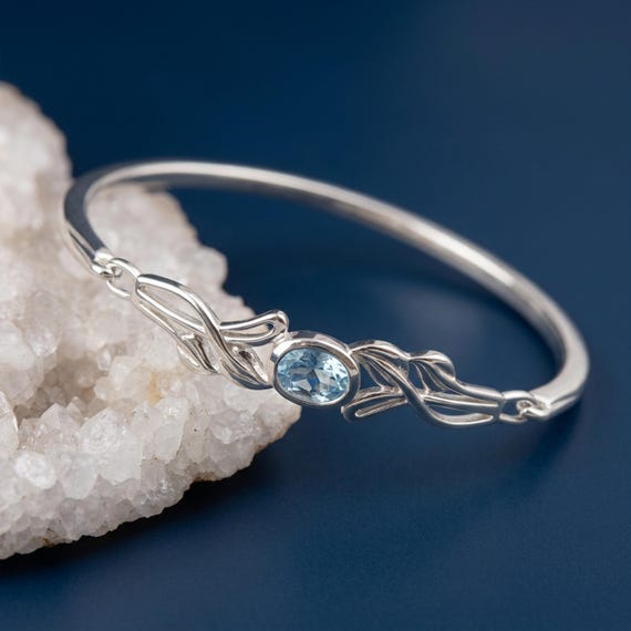 Blue Topaz Leaf Bangle in Argentium Sterling Silver