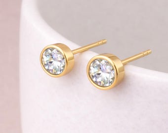 Gold Plated Sterling Silver April Cubic Zirconia Birthstone Stud Earrings – 7mm