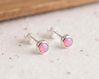 Personalised Tiny Pink Opal Stud Earrings in Sterling Silver