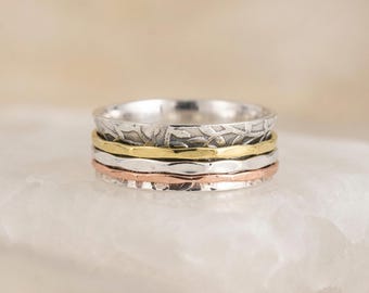 Personalised Three Band Floral Spinner Ring in Sterling Silver