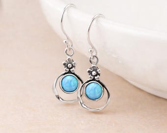Molten Oxidised Sterling Silver Opal Flower Drop Earrings