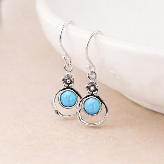 Orecchini Donna In Argento 925 Con Opale Blu A Forma Di Fiore Di Prugna - Regalo Anniversario