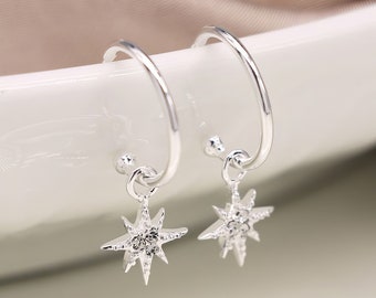 Sterling Silver Star Charm Hoop Earrings