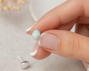 Sterling Silver Oval White Opal Stud Earrings: Minimalist Birthstone Jewellery, 6mm x 4mm