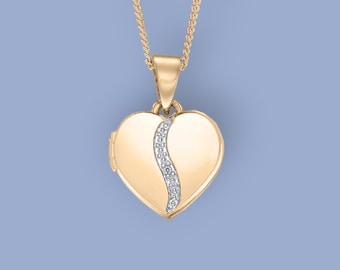 Genuine Diamond Heart Locket in 9ct Gold, Two Photo Locket, Gold Locket, Keepsake Memorial Jewellery, 9ct Yellow Gold, 9ct White Gold