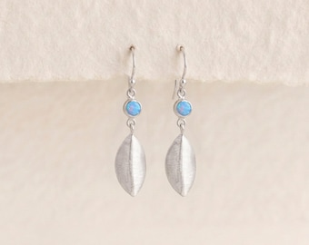 Blue Opal Leaf Drop Earrings in Sterling Silver
