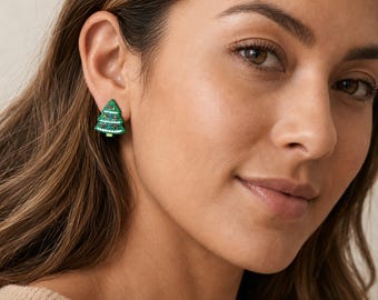 Boucles d'oreilles pendantes en forme de sapin de Noël à paillettes, plaquées argent sterling