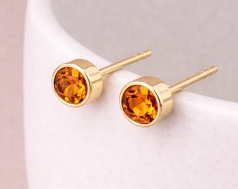 Gold Plated Sterling Silver November Citrine Birthstone Stud Earrings – 7mm