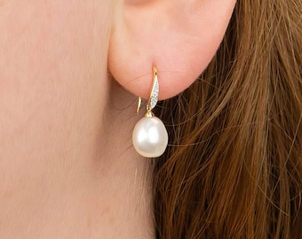 9ct Gold Keshi Pearl Earrings With Diamond Set Hook