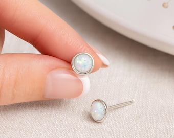 Sterling Silver Opal Stud Earrings: Minimalist October Birthstone – 6mm