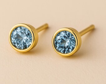 Gold Plated Sterling Silver March Aquamarine Birthstone Stud Earrings