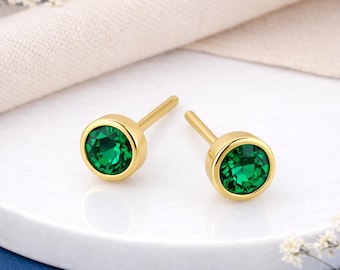 Gold Plated Sterling Silver May Emerald Birthstone Stud Earrings – 7mm