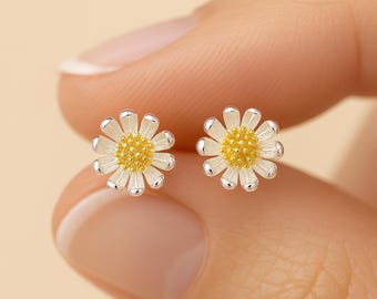 Sterling Silver Golden Daisy Stud Earrings