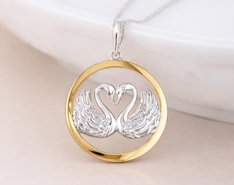 Personalised Sterling Silver and Gold Swans in Love Pendant Necklace