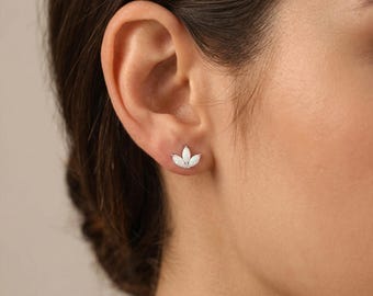 White Opal Lotus Stud Earrings In Sterling Silver