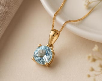 Aquamarine Drop Pendant • Natural March Birthstone • Personalised 9ct Yellow Gold Dainty Gemstone Necklace Charm • Birthday Gift for Her