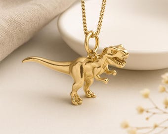 T-Rex Dinosaur Pendant • Solid Gold-Plated Sterling Silver Charm • Personalised Prehistoric Necklace • Dinosaur Lover Gift Jewellery