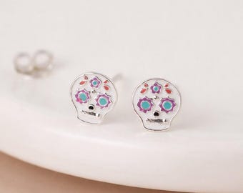 Sterling Silver Sugar Skull Stud Earrings – 10mm x 8mm