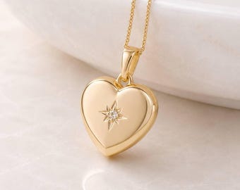 Personalised Gold Plated Sterling Silver North Star Heart Photo Locket Necklace