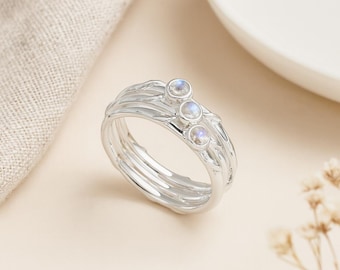 Sterling Silver Rainbow Moonstone Stacking Ring Set: 3 Rings