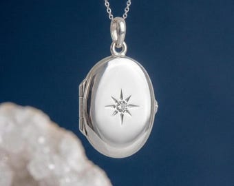 Personalised Oval Star Photo Locket Necklace In Sterling Silver