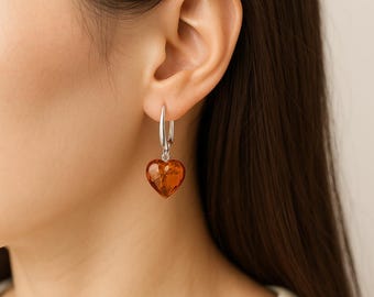 Sterling Silver Baltic Amber Heart Drop Leverback Earrings – 13mm