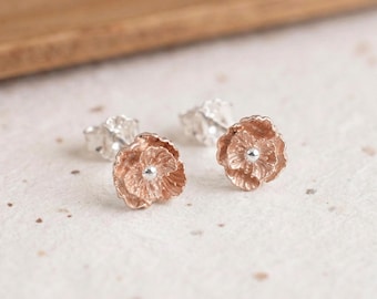 August Poppy Birth Flower Stud Earrings In Sterling Silver and Rose Gold
